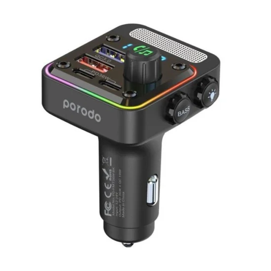 Porodo Quick-Charge FM Car Charger Dual USB-C - USB-A - Black